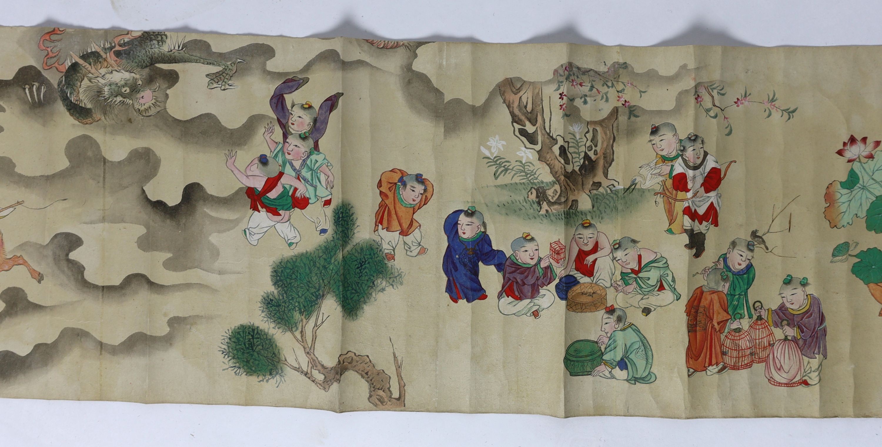 A Chinese handscroll painting on paper of ‘Hundred boys’ in a garden, late Qing dynasty, image 570cm x 26cm